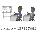 ホワイトボードのあるオフィスでデスクワークをする黒人ビジネスパーソンのセット 137927882
