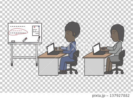 ホワイトボードのあるオフィスでデスクワークをする黒人ビジネスパーソンのセット 137927882