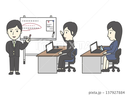 ホワイトボードでのプレゼンとデスクワークをするビジネスパーソンのセット 研修 セミナー 137927884