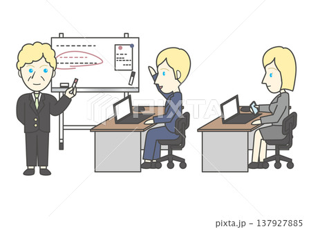 ホワイトボードでのプレゼンとデスクワークをするビジネスパーソンのセット 研修 セミナー ホワイトボードでのプレゼンとデスクワークをするビジネスパーソンのセット 研修 セミナー 137927885
