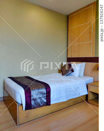 Modern Minimalist Single Hotel Bed with Purple Silk Runner Modern Minimalist Single Hotel Bed with Purple Silk Runner 137928147
