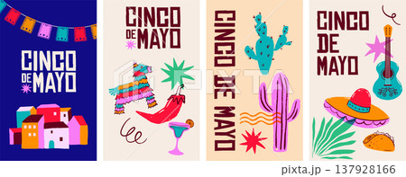 Cinco de Mayo Mexican holiday celebration vertical poster, banner and greeting card designs. 137928166