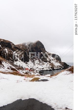 冬の礼文島・桃岩展望台から望むユースホステルと猫岩の雪景色 冬の礼文島・桃岩展望台から望むユースホステルと猫岩の雪景色 137928207