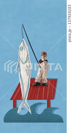 Little boy holding fishing rod with large fish concept of hobby and outdoor activity. Little boy holding fishing rod with large fish concept of hobby and outdoor activity. 137928283