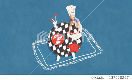 Child girl playing chef cooking food on table with illustrated kitchen elements. 137928297