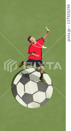 Child football player standing on oversized ball holding whistle as referee collage. 137928299