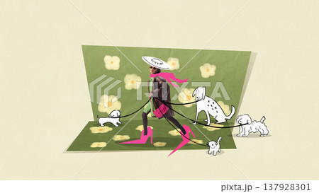 Little girl walking dogs in stylized collage with illustrated animals and fashion styling. 137928301
