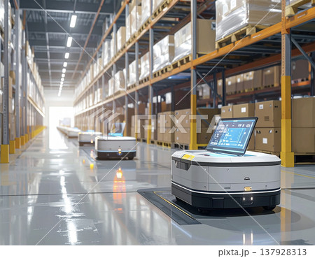 自動搬送ロボット(AGV)が稼働する次世代型のスマート物流倉庫 自動搬送ロボット(AGV)が稼働する次世代型のスマート物流倉庫 137928313