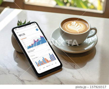 カフェタイムにスマートフォンで資産運用や新NISAの推移をチェックする様子 カフェタイムにスマートフォンで資産運用や新NISAの推移をチェックする様子 137928317
