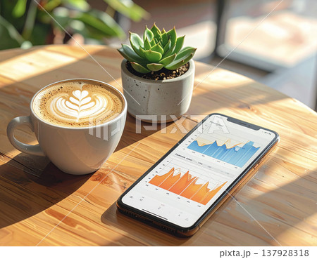 カフェタイムにスマートフォンで資産運用や新NISAの推移をチェックする様子 カフェタイムにスマートフォンで資産運用や新NISAの推移をチェックする様子 137928318