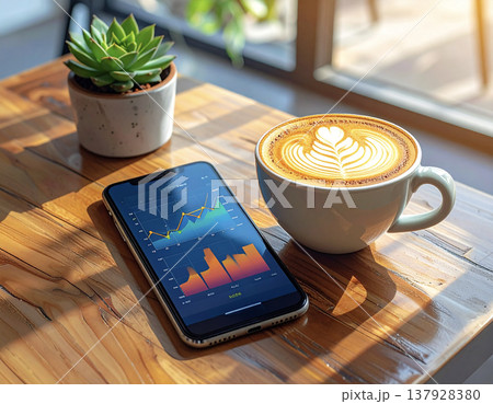 資産運用やライフスタイルの記事に最適な、余白と清潔感のあるカフェの背景素材 137928380