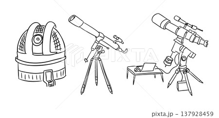 Three types of telescopes are illustrated, featuring a dome observatory, a refractor telescope on a tripod, and a modern telescope with a computer on a table Three types of telescopes are illustrated, featuring a dome observatory, a refractor telescope on a tripod, and a modern telescope with a computer on a table 137928459