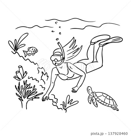 Illustration of a female diver wearing snorkeling gear exploring underwater coral reefs with fish and a turtle swimming nearby in a vibrant aquatic environment 137928460