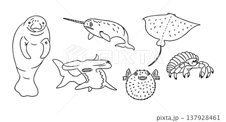 Illustration of various marine animals including a manatee, narwhal, hammerhead shark, stingray, pufferfish, and crab in a simple black and white design 137928461