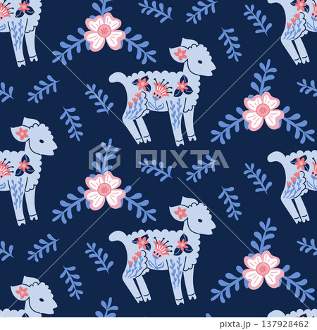 Pattern design featuring stylized sheep and flowers in pastel colors on a dark blue background, suitable for textiles or wallpaper applications Pattern design featuring stylized sheep and flowers in pastel colors on a dark blue background, suitable for textiles or wallpaper applications 137928462