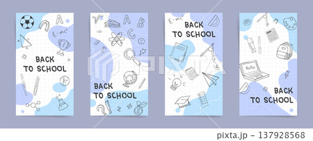 Back to School vertical banner set with doodle math and science icons on blue grid paper background Back to School vertical banner set with doodle math and science icons on blue grid paper background 137928568