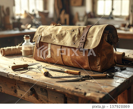 熟練の職人が手掛けるレザークラフト。工房に置かれた重厚な革製ツールバッグ 137928869