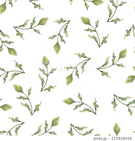 Seamless pattern with green botanical flower buds and leaves on white background in original hand drawn illustration. Ideal for textile prints, wallpaper, delicate packaging and natural decor. Seamless pattern with green botanical flower buds and leaves on white background in original hand drawn illustration. Ideal for textile prints, wallpaper, delicate packaging and natural decor. 137928916