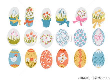 Colorful illustrated Easter eggs with floral designs, ribbons, and patterns arranged in a grid format, showcasing various styles and colors for festive decoration 137929892