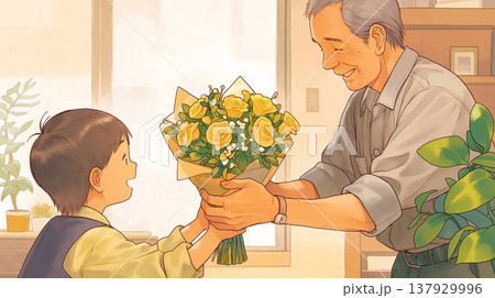 父の日の贈り物として花束を渡す子どもと父親のイラスト、感謝や尊敬を伝える親子のやり取り、家族の絆 137929996
