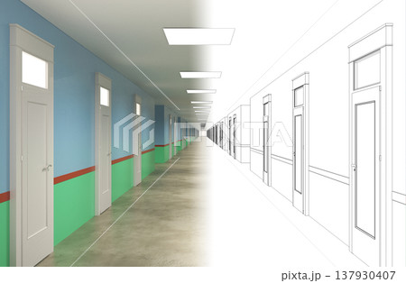 long corridor, interior visualization, 3D illustration long corridor, interior visualization, 3D illustration 137930407