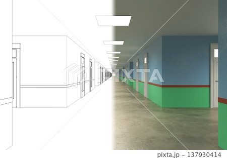 long corridor, interior visualization, 3D illustration 137930414