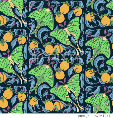 Art Nouveau seamless pattern with Luna moths and ripe persimmons. Symmetrical organic design with elegant curves Art Nouveau seamless pattern with Luna moths and ripe persimmons. Symmetrical organic design with elegant curves 137931271