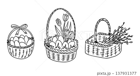 Three hand-drawn baskets featuring decorated eggs and flowers, showcasing a festive design suitable for Easter celebrations and spring-themed decorations Three hand-drawn baskets featuring decorated eggs and flowers, showcasing a festive design suitable for Easter celebrations and spring-themed decorations 137931377