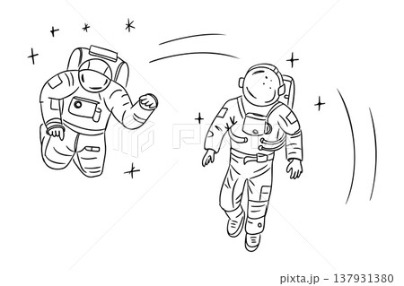 Two illustrated astronauts in space, one waving and the other advancing, with stars scattered in the background, ideal for educational or creative projects 137931380