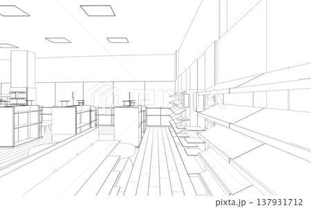 shopping mall, contour visualization, 3D illustration, sketch, outline 137931712