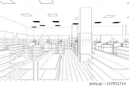 shopping mall, contour visualization, 3D illustration, sketch, outline 137931714