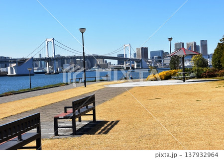 東京都江東区 豊洲ぐるり公園とベンチとレインボーブリッジ 東京都江東区 豊洲ぐるり公園とベンチとレインボーブリッジ 137932964