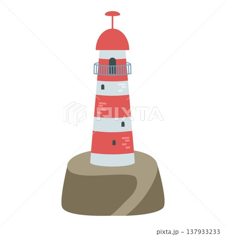 Lighthouse is red and white in color, it stands on a rocky base. It is a landmark symbolizing navigation and travel safety. Vector illustration. 137933233