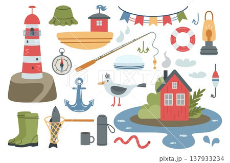Set of marine elements with a lighthouse, fishing gear, a house on the seashore, a boat, a bird. Icons for travel, adventure, and summer marine themes. Vector illustration. Set of marine elements with a lighthouse, fishing gear, a house on the seashore, a boat, a bird. Icons for travel, adventure, and summer marine themes. Vector illustration. 137933234