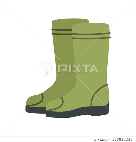 Green rubber boots. Waterproof shoes associated with rain, gardening, fishing, outdoor activities and rural lifestyle. Vector illustration. 137933235