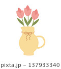 Pink tulips in a yellow jug. Vector illustration. 137933340