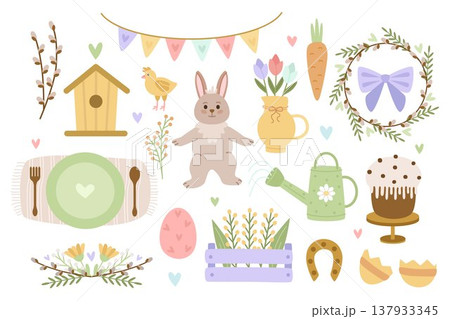 Easter set of festive elements. Rabbit, wreath, willow bouquet, box of flowers, pastries. Spring vector illustration. 137933345