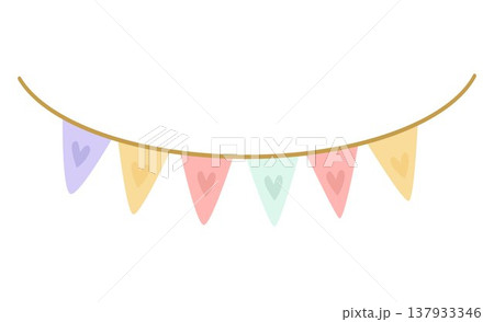 A pastel-colored garland of triangular flags with hearts for the holiday. Vector illustration. 137933346