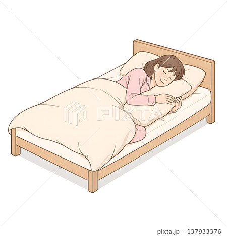 白背景で枕を抱いて眠る若い女性(シンプル手書き風イラスト) 白背景で枕を抱いて眠る若い女性(シンプル手書き風イラスト) 137933376
