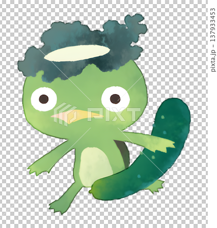 Illustration of a kappa (watercolor-style water creature) holding a cucumber (transparent PNG) 137933453