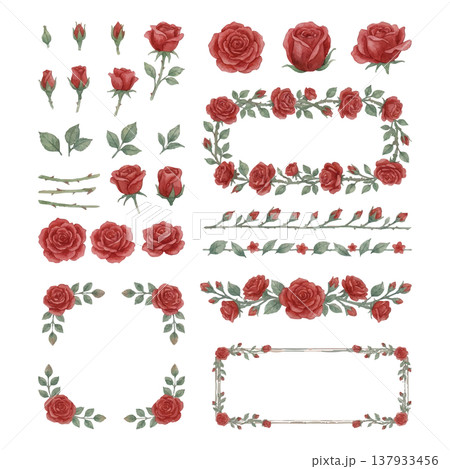 バラの水彩イラストセット フレーム・ライン・装飾素材集（ローズ・花素材） 137933456