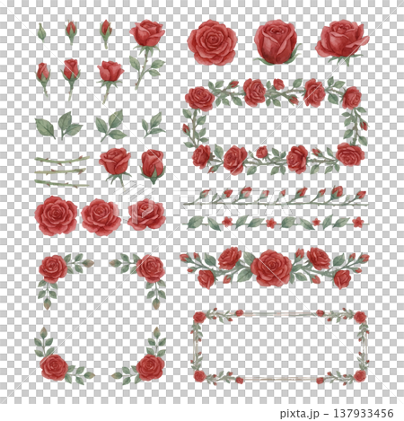 バラの水彩イラストセット フレーム・ライン・装飾素材集（ローズ・花素材） 137933456