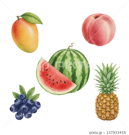 夏のフルーツ水彩イラストセット スイカ・マンゴー・桃・パイナップル・ブルーベリー素材 137933458