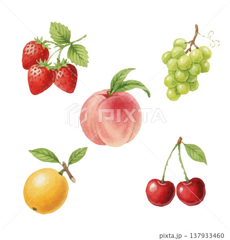 春のフルーツ水彩イラストセット いちご・桃・さくらんぼ・柑橘素材 137933460