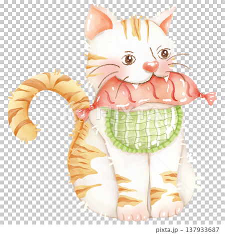 Hand-painted watercolor illustration of a cat in a cooking theme. 137933687