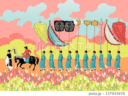 Joseon Dynasty Royal Guard Procession in Spring Palace with Blooming Flowers, Vector Illustration 137933878