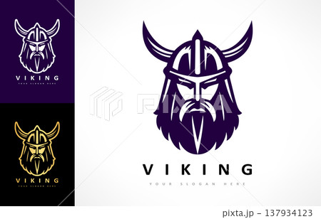 Viking and anchor logo. Scandinavian sailors symbol. Nordic warrior design. Horned Norseman symbol. Barbarian man head icon with horn helmet and beard 137934123