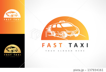 Fast Taxi logo. Machine at high speed with a plume of fire vector. Fast Taxi logo. Machine at high speed with a plume of fire vector. 137934161