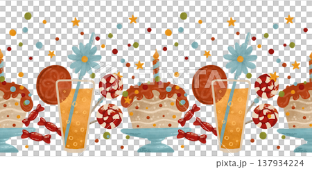 Festive seamless border in warm colors. Cupcake, lemonade, candy, lollipops, confetti. Watercolor, pastel. In flat style. Design element for products 137934224