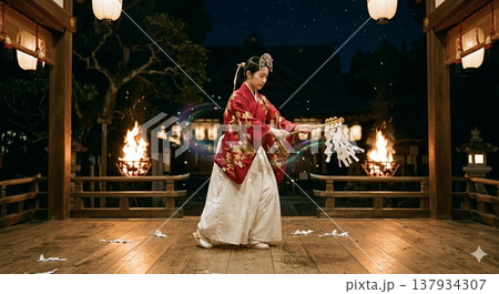 夜に神楽を舞う巫女のイメージ 137934307